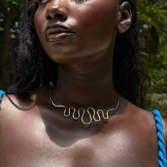 Loma - Handmade Brass Necklace with wave design - Adjustable - Made in Senegal