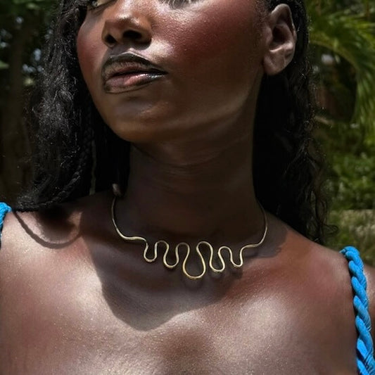 Loma - Handmade Brass Necklace with wave design - Adjustable - Made in Senegal